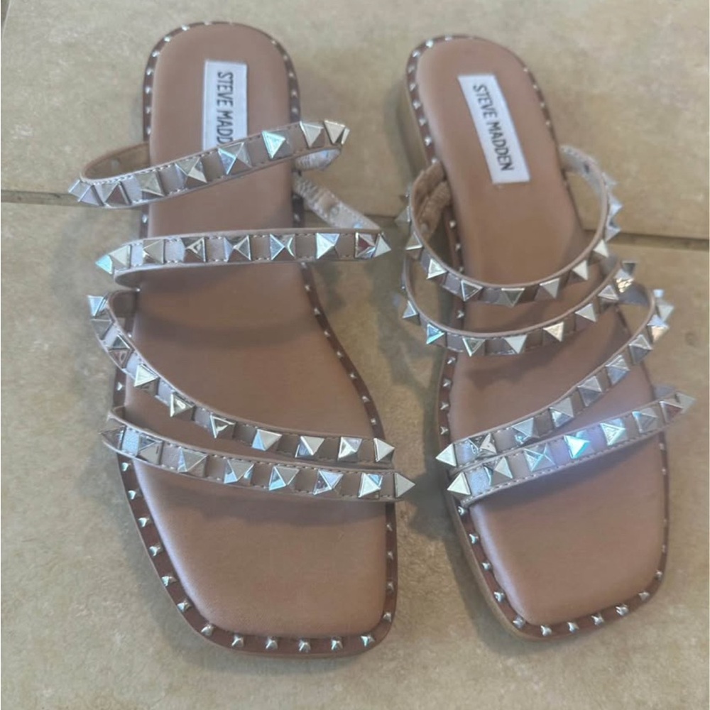Steve Madden Tan Pyramid Stud Multi-Strap Slide Sandals